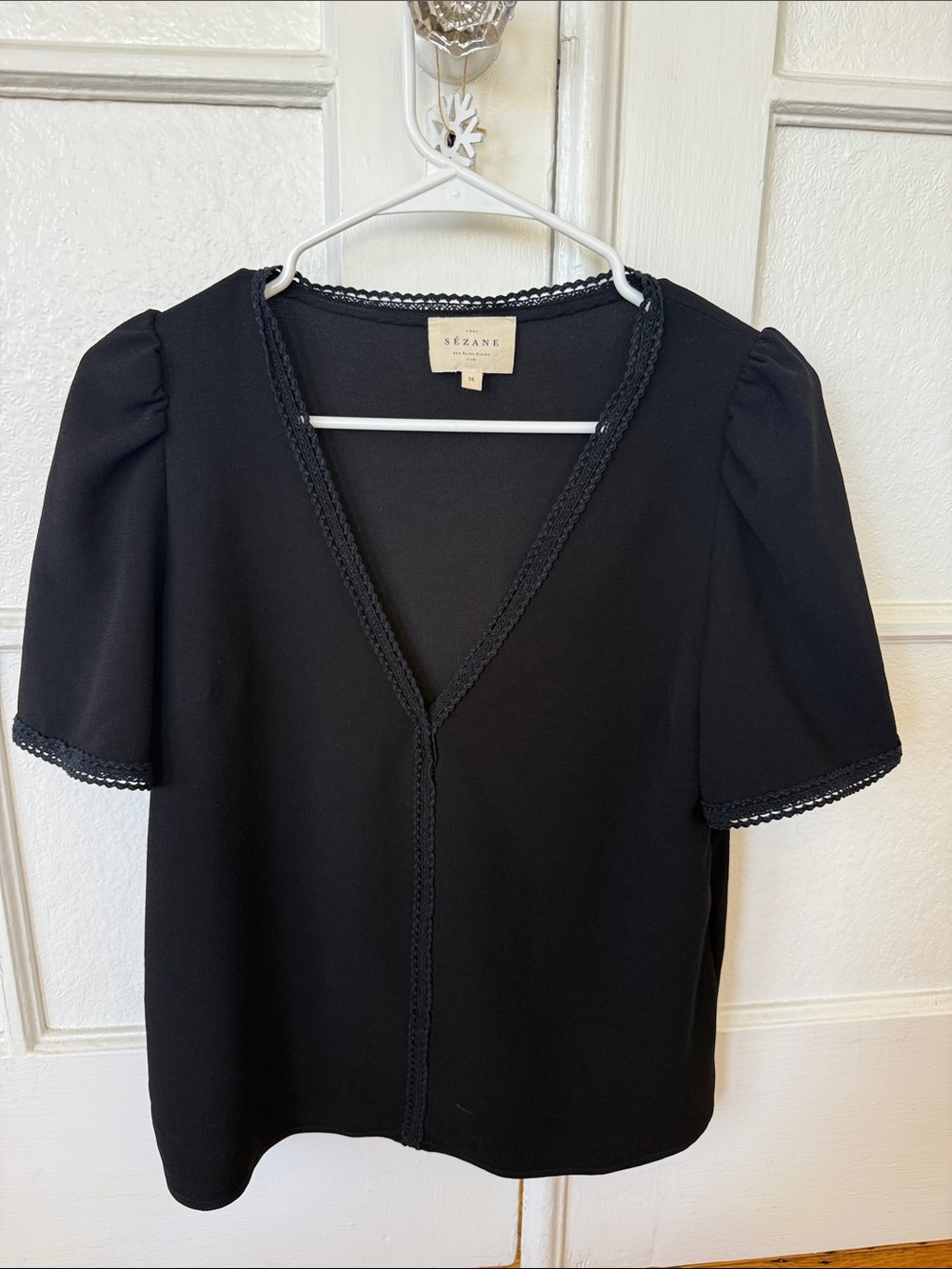 Sezane Black V-Neck Lace-Trim Puff Sleeve Blouse